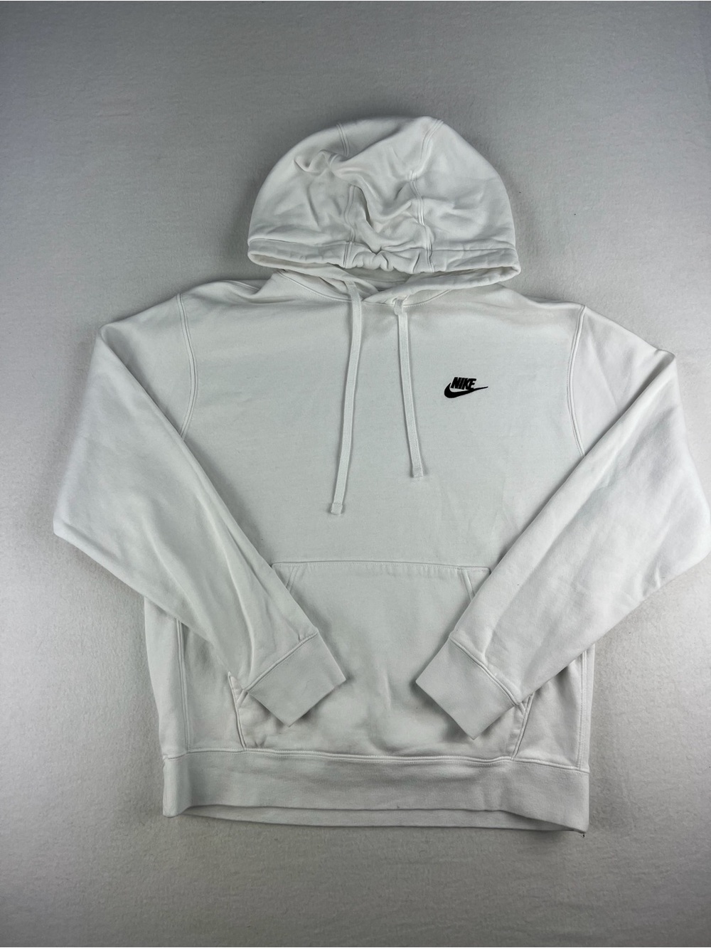 Nike Club Sportswear Mens All White Fleece Pullover Hoodie Black Logo Size M